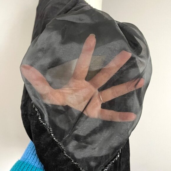 Vintage Black Velvet Bolero / Cropped Blazer w/ Sheer Shoulders - Small - Picture 4 of 8